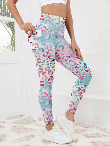 Printed women's high waistband pocket fitness pants paired with tight abdominal yoga pants, suitable for running, hiking, and sp