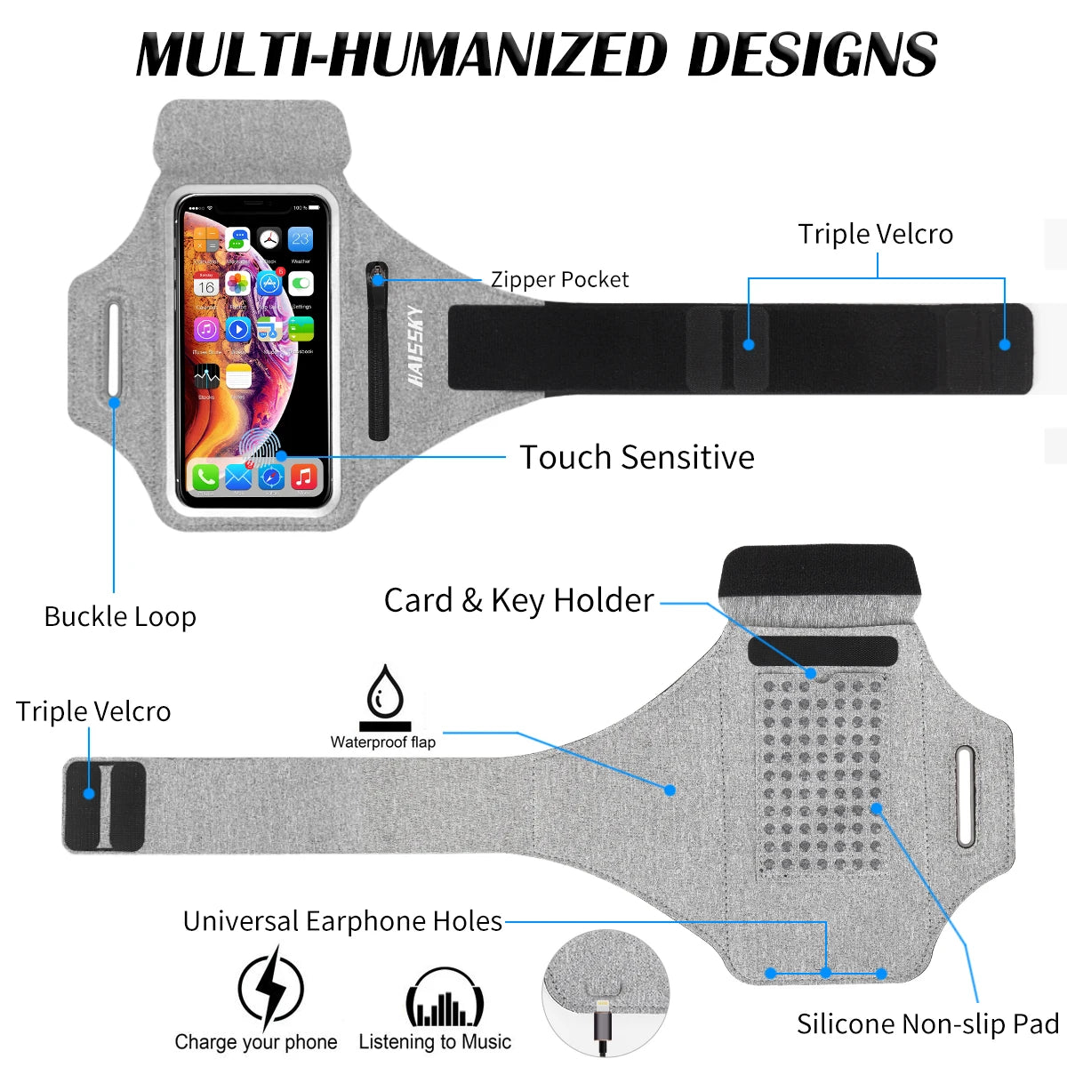 Running Sports Armbands Zipper Bag For AirPods Pro iPhone 16 15 14 13 12 11 Pro Max Samsung S24 Ultra Phone Case Holder ArmBand