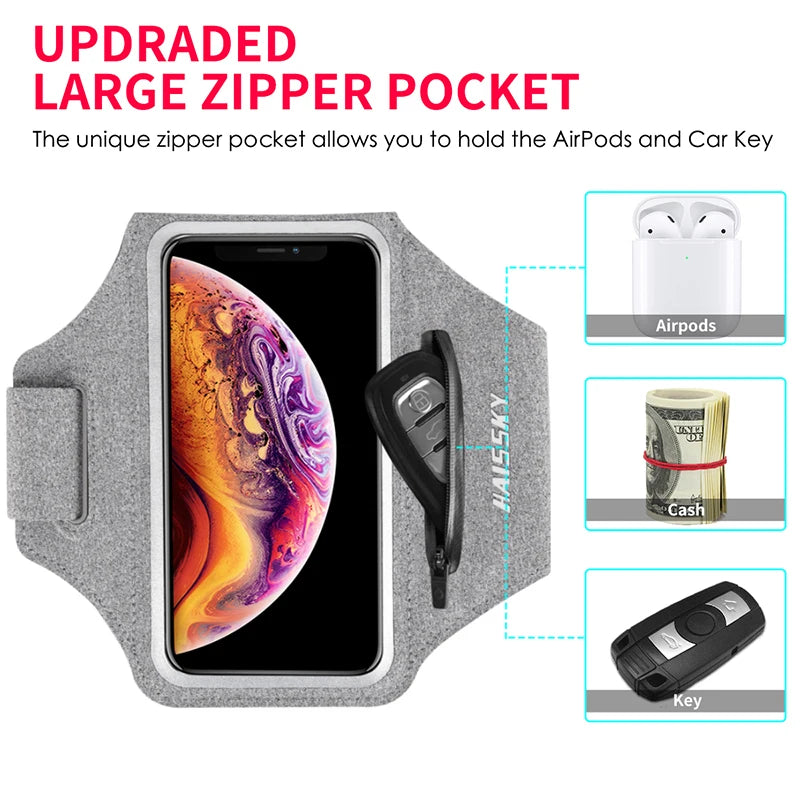 Running Sports Armbands Zipper Bag For AirPods Pro iPhone 16 15 14 13 12 11 Pro Max Samsung S24 Ultra Phone Case Holder ArmBand