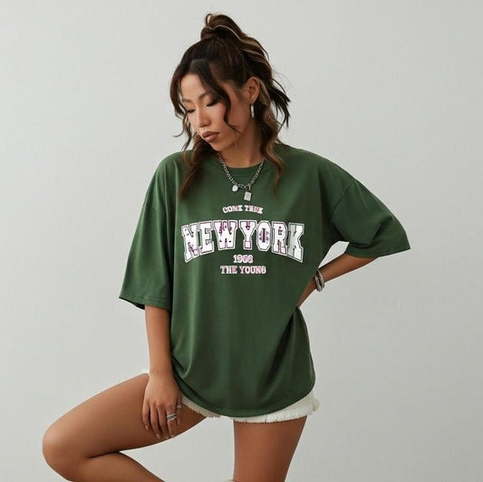 T-Shirt Femme Oversize New York 1968 - Motif Floral Rétro - Streetwear