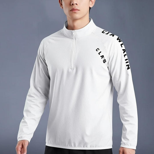 Quick Drying Clothes Men Autumn Sports T-shirt Stand Neck Loose Long Sleeved Outdoor Running Tracksuit Breathable Half Zip Top